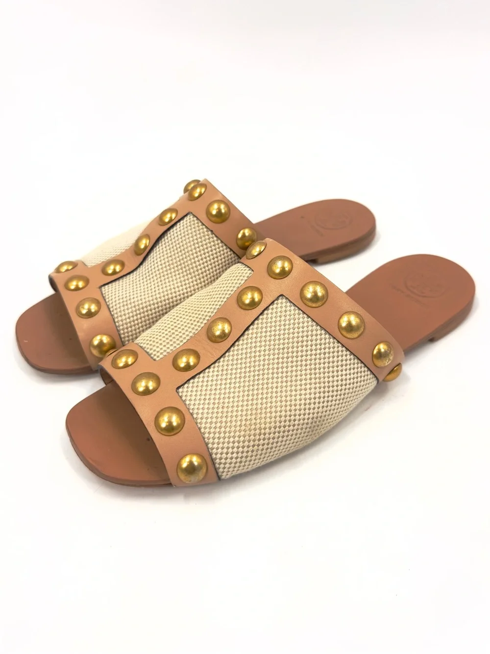 Tory Burch Blythe Slide Sandals Size 6 Neutral Tan Leather Gold Studded Beachy
